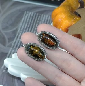Серебряные винтажные серьги с янтарём